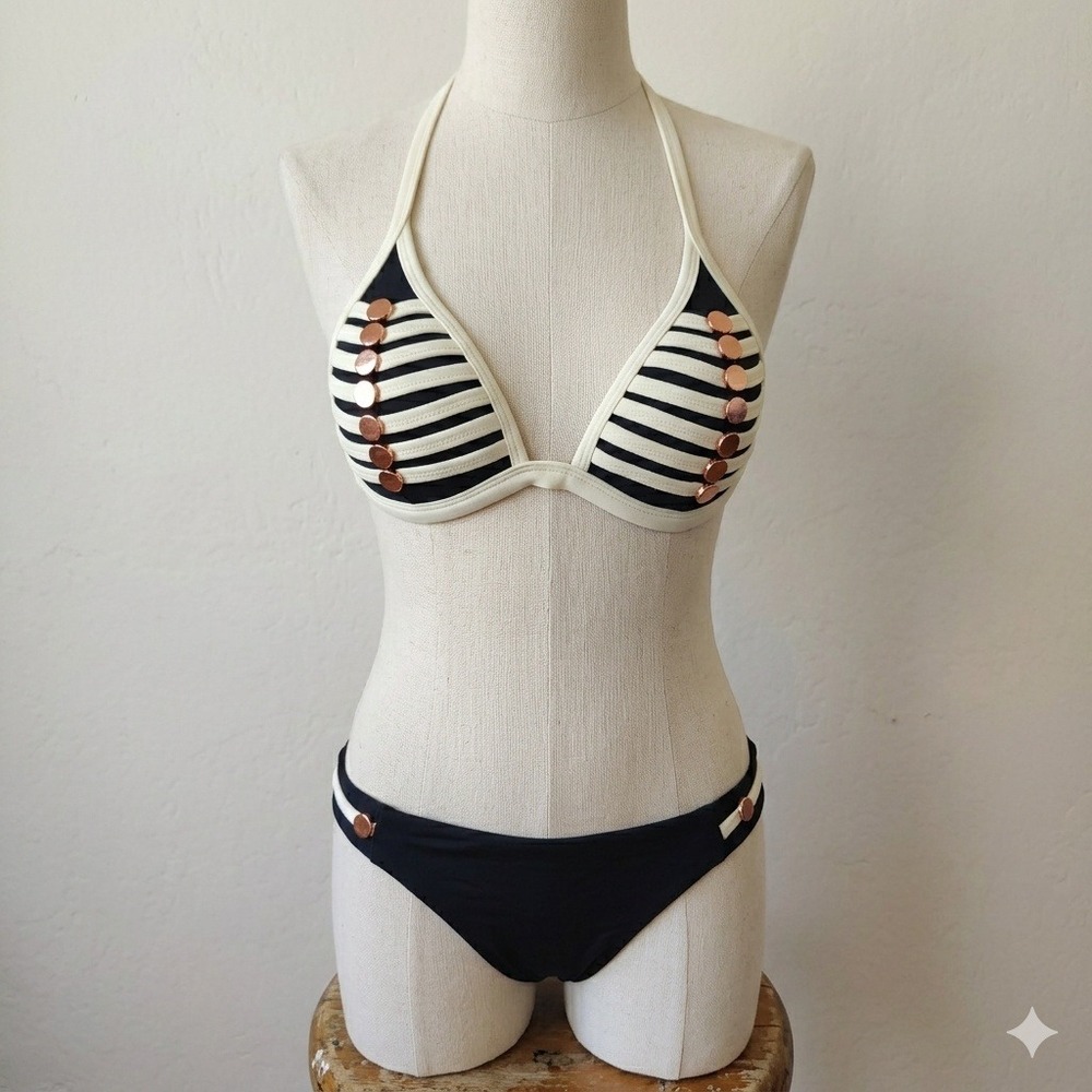 Norma Womens Bikini Set Large Black White Striped Rose Gold‎ Hardware Nautical